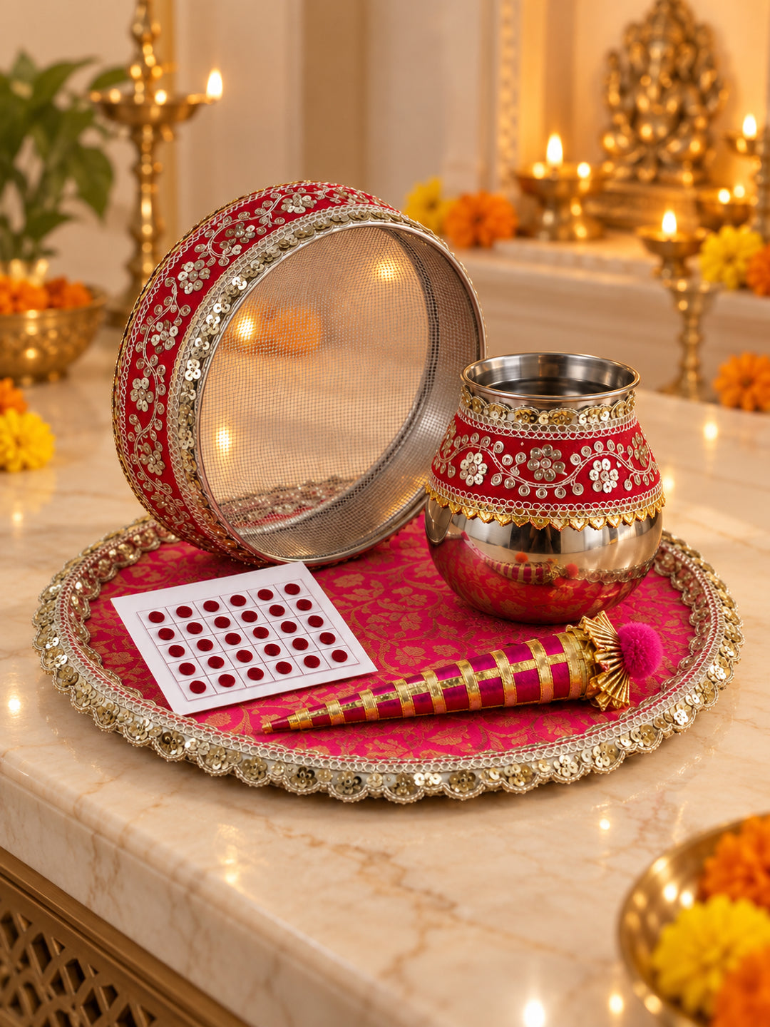 Handcrafted Pink Gota Patti Karwa Chauth Thali Set