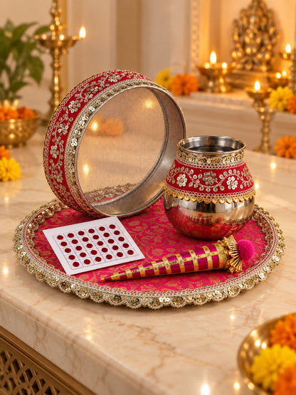 Handcrafted Pink Gota Patti Karwa Chauth Thali Set