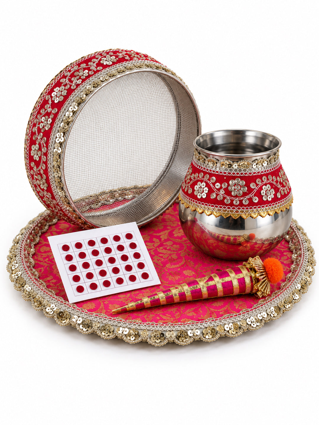 Handcrafted Pink Gota Patti Karwa Chauth Thali Set