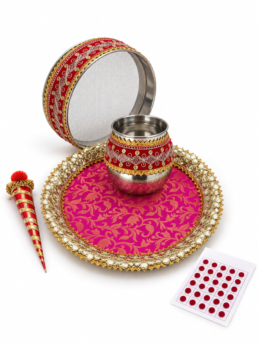 Handcrafted Pink Gota Patti Karwa Chauth Thali Set