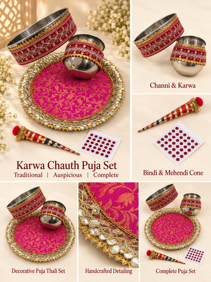 Handcrafted Pink Gota Patti Karwa Chauth Thali Set