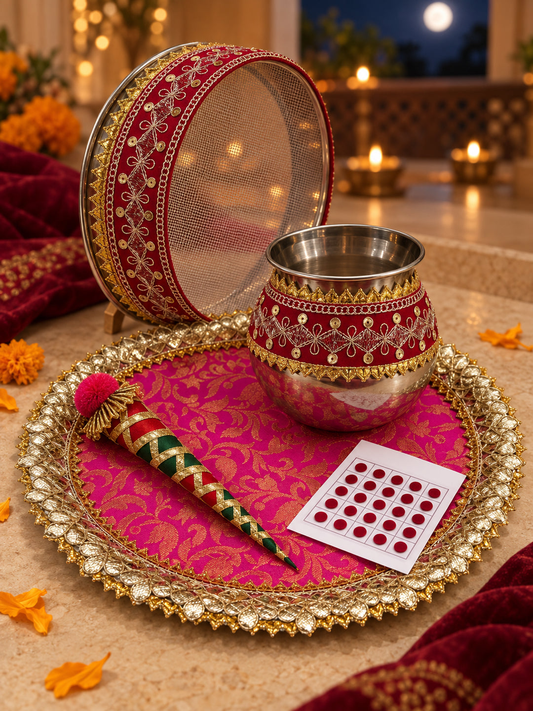 Handcrafted Pink Gota Patti Karwa Chauth Thali Set