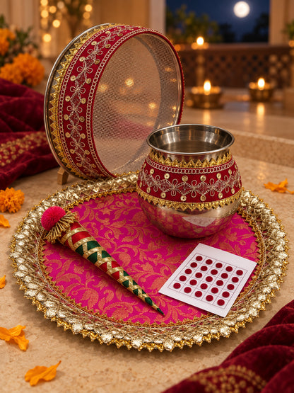 Handcrafted Pink Gota Patti Karwa Chauth Thali Set