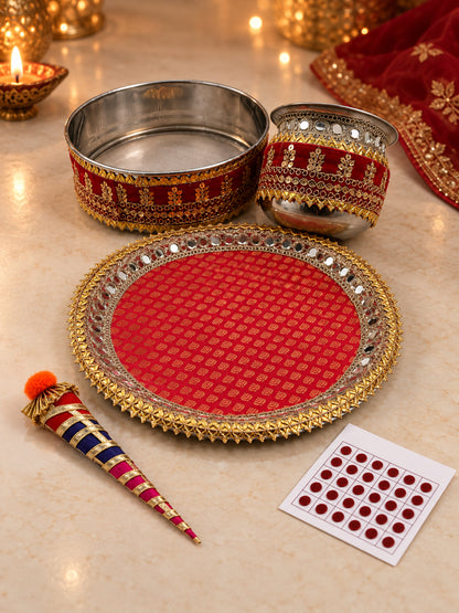 Traditional Silver & Gold Border Stainless Steel Karwa Chauth Thali Set