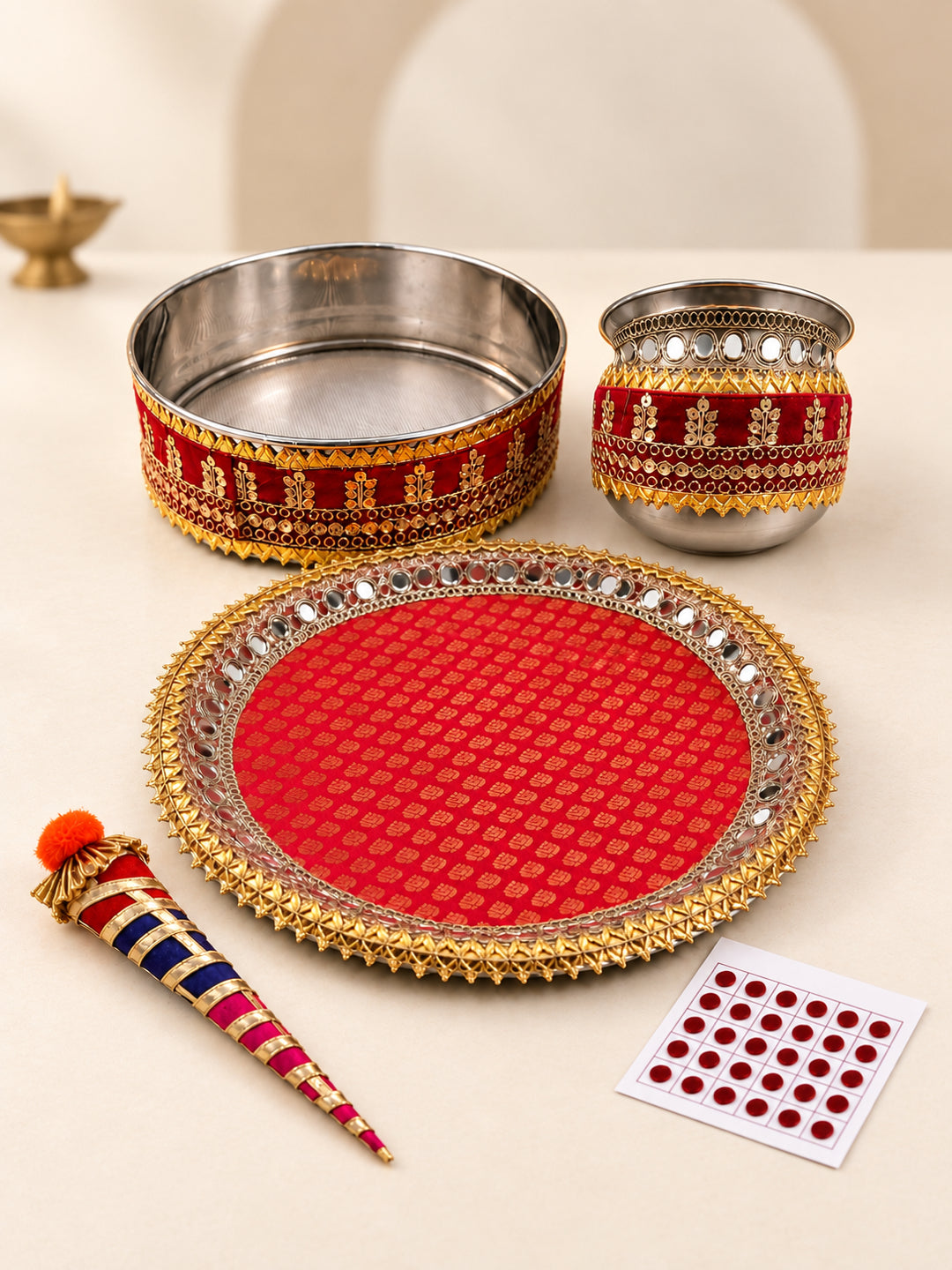 Traditional Silver & Gold Border Stainless Steel Karwa Chauth Thali Set