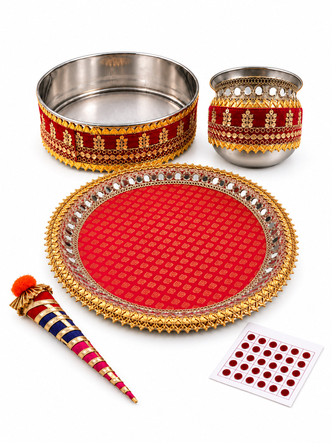 Traditional Silver & Gold Border Stainless Steel Karwa Chauth Thali Set