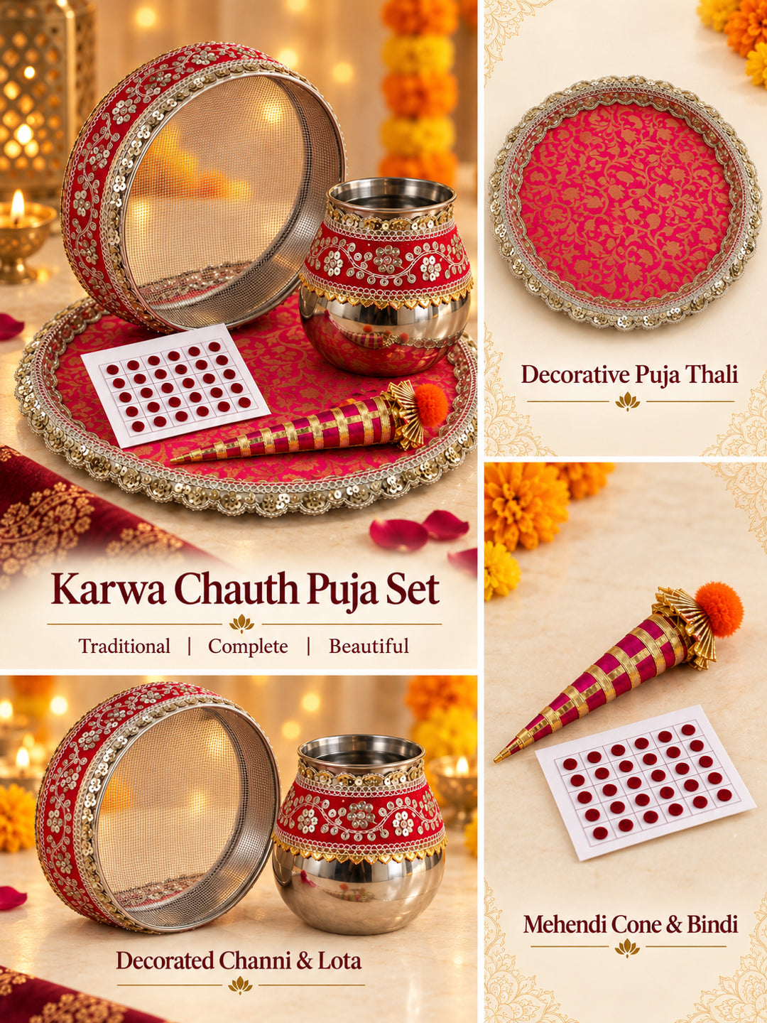 Traditional Silver & Gold Border Stainless Steel Karwa Chauth Thali Set