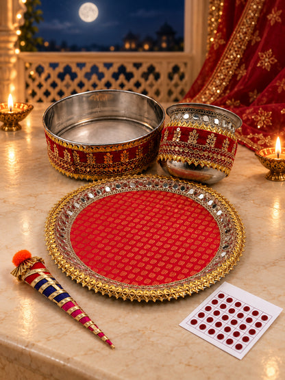 Traditional Silver & Gold Border Stainless Steel Karwa Chauth Thali Set