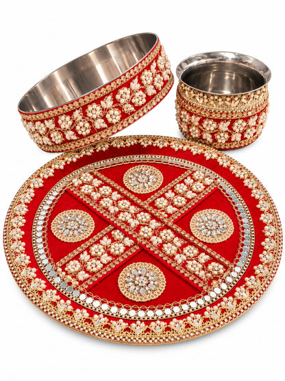 Royal Maroon Embroidered Velvet Karwa Chauth Thali Set