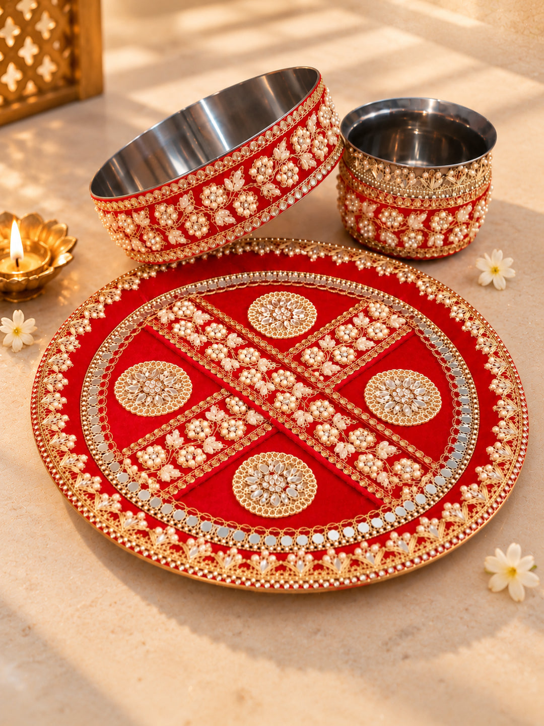 Royal Maroon Embroidered Velvet Karwa Chauth Thali Set
