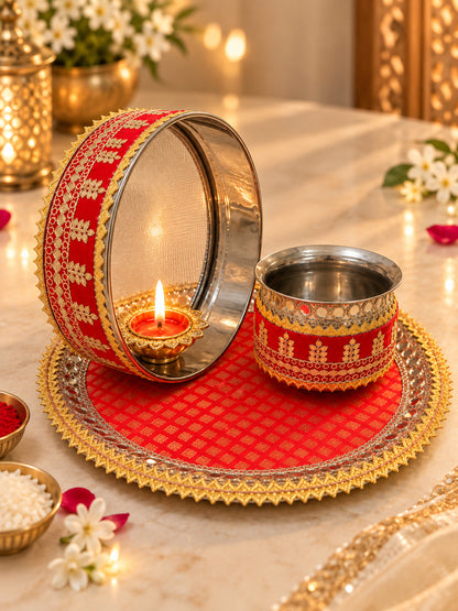 Festive Red Handcrafted Gota Work Karwa Chauth Thali Set
