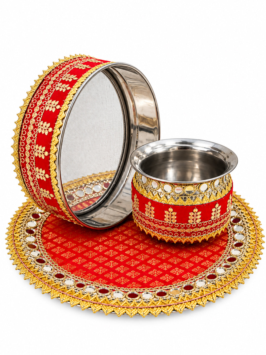 Festive Red Handcrafted Gota Work Karwa Chauth Thali Set