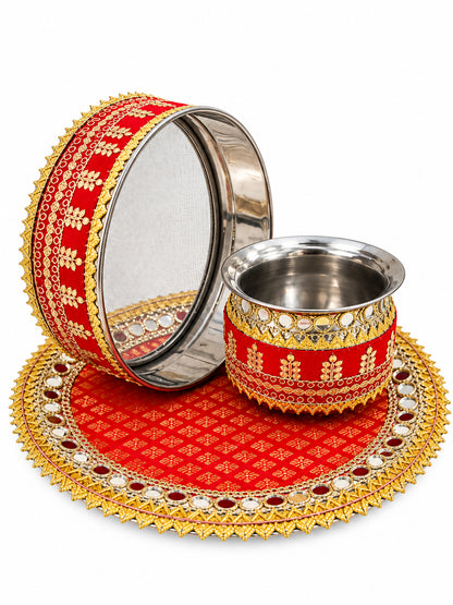 Festive Red Handcrafted Gota Work Karwa Chauth Thali Set