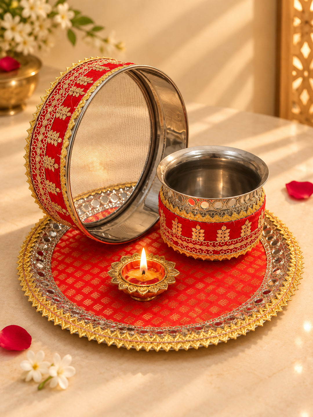 Festive Red Handcrafted Gota Work Karwa Chauth Thali Set