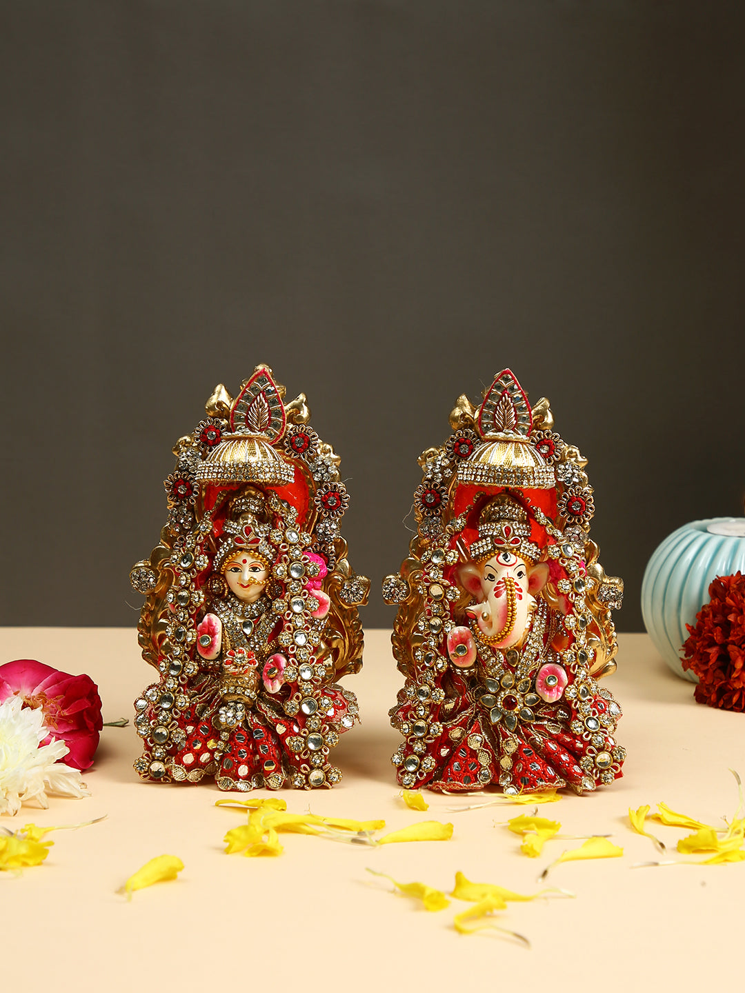 Laxmi Ganesha Idol with Stone Embellishment