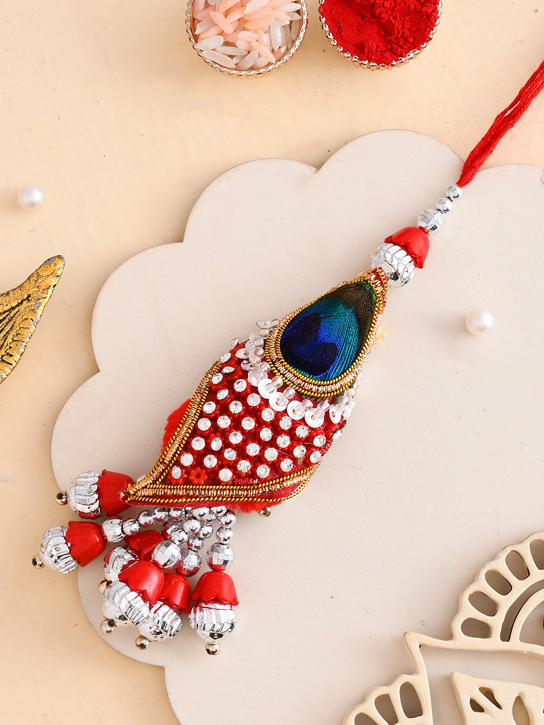 Red & Green Peacock Feather Style Lumba Rakhi