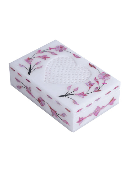 Heart Shape Jali Pattern Marble Jewelry Box with Inlay stone work