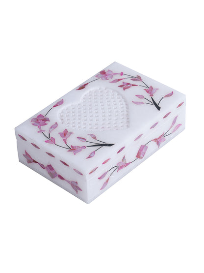 Heart Shape Jali Pattern Marble Jewelry Box with Inlay stone work