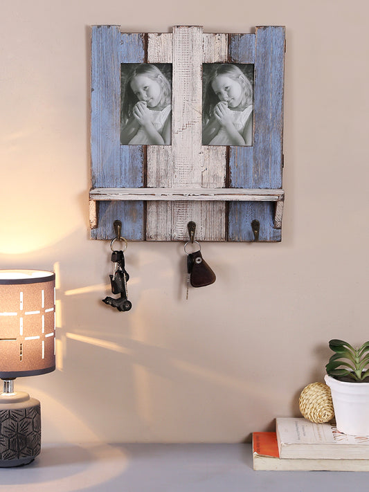 Wooden Blue Photo frame with Key Hooks