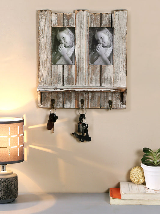 Natural Look Wooden Photo frame with Key Hooks