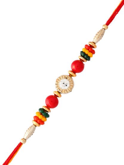 Floral Motif & Beads Studded Mauli Thread Rakhi