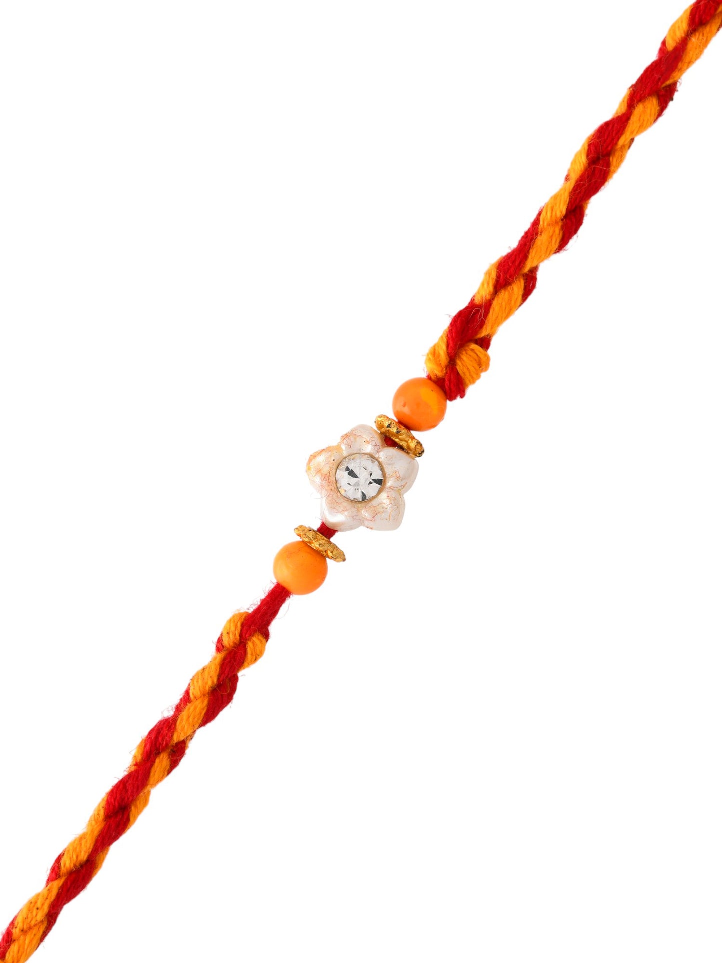 White Floral Motif Mauli Rakhi with Orange Beads