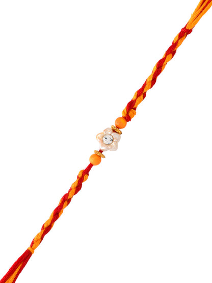 White Floral Motif Mauli Rakhi with Orange Beads