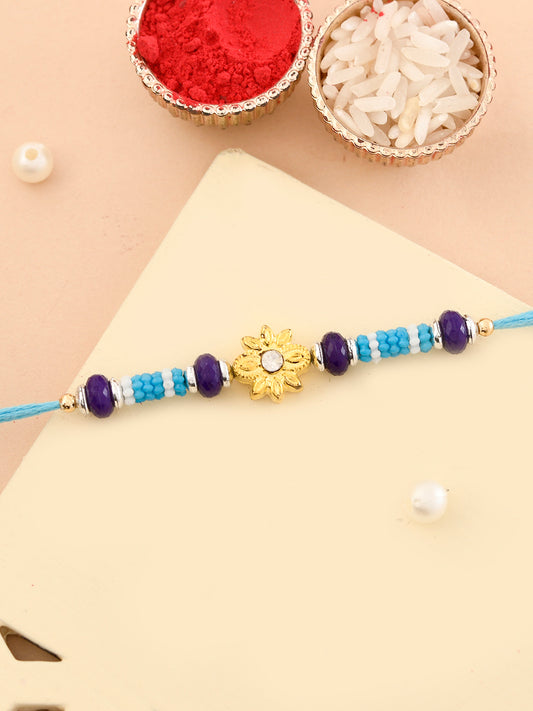 Blue Beads & Golden Floral Motif Rakhi