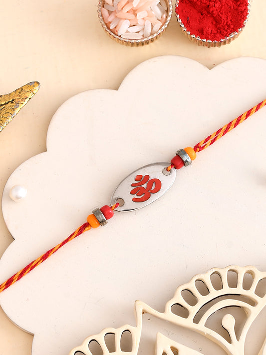 Silver Base Beads Studded OM Rakhi