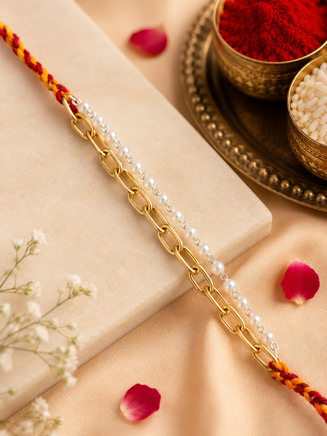 Golden Chain and Silver Pearls Rakhi