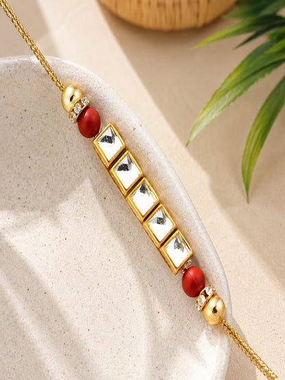 Red and Golden Bead American Diamond Rakhi