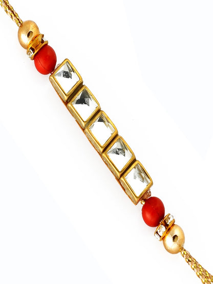 Red and Golden Bead American Diamond Rakhi