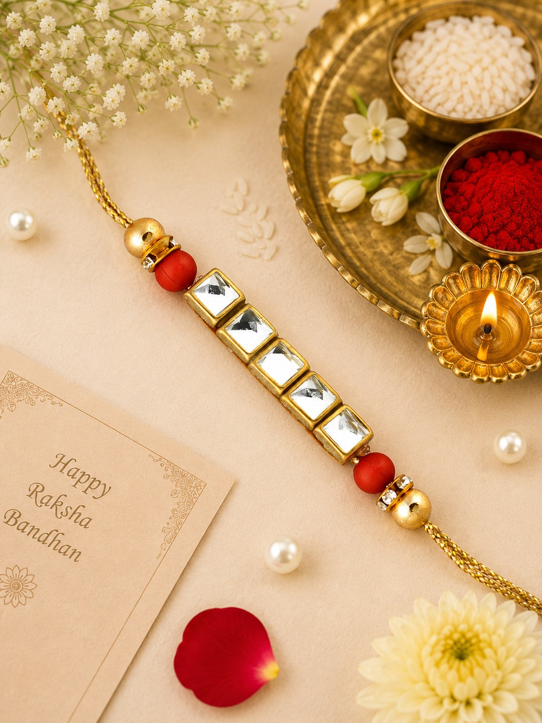 Red and Golden Bead American Diamond Rakhi