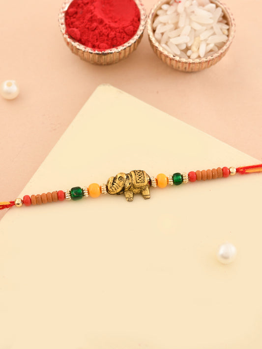 Cute Little Golden Ganesha Multi Beaded Single Rakhi
