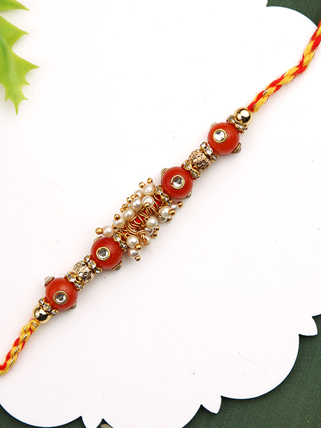 Red and White Beaded Mauli Rakhi