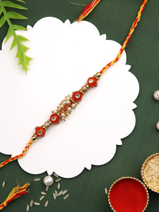 Red and White Beaded Mauli Rakhi