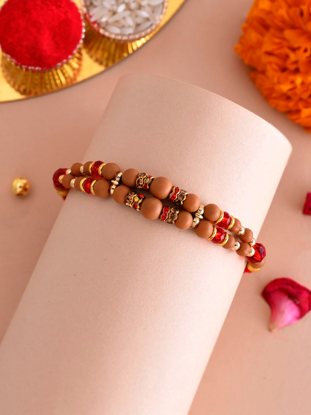 Wooden Beaded Rakhi with Golden Rings