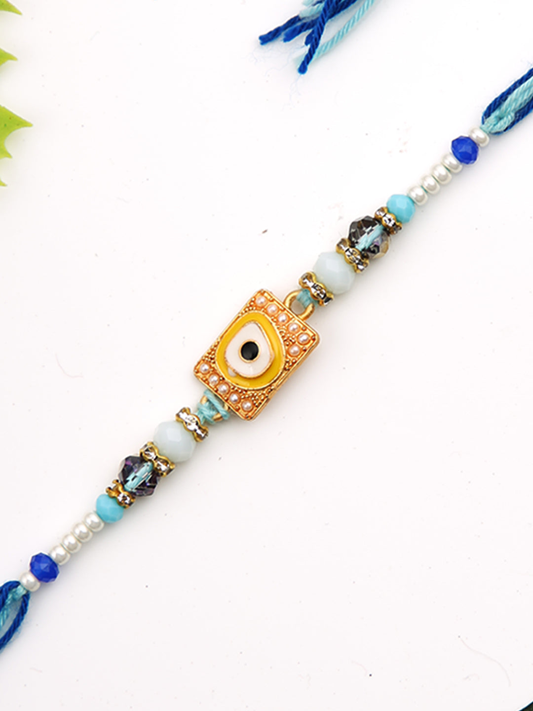 Ceramic Enameled Beaded Evil Eye Metal Rakhi