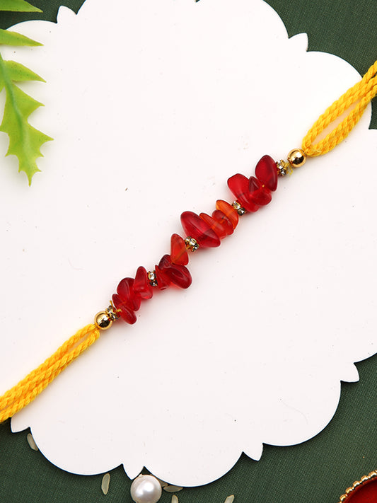 Red Stones & Yellow Multistand Thread Rakhi