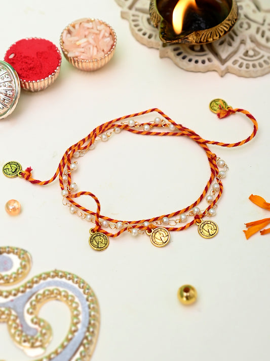 Pearl & Metal Coints Braided Elegant Rakhi with Pearls