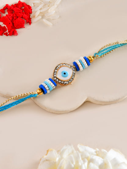 Elegant Evil Eye Protection Rakhi with Blue Accents and Stones