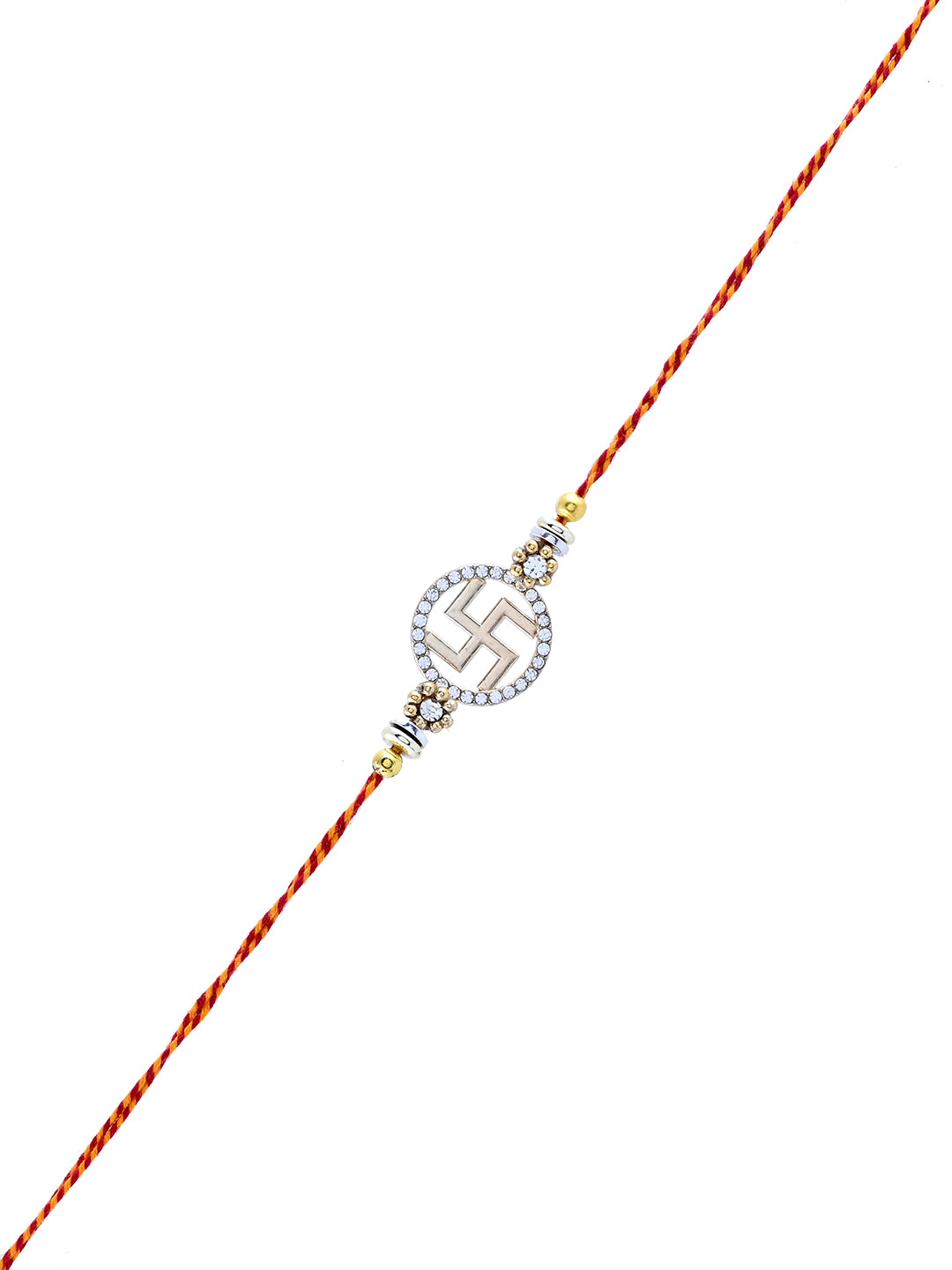 Swastik Rakhi with Stone-Studded Round Design and Sacred Thread