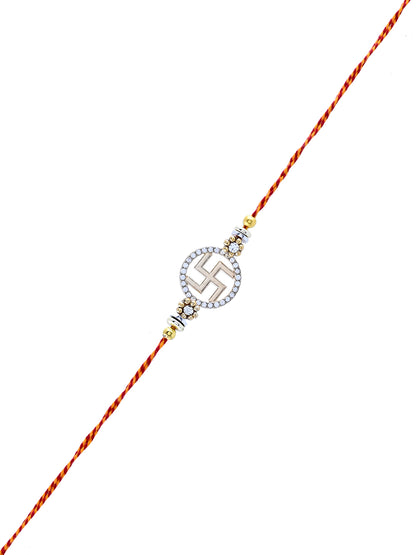 Swastik Rakhi with Stone-Studded Round Design and Sacred Thread