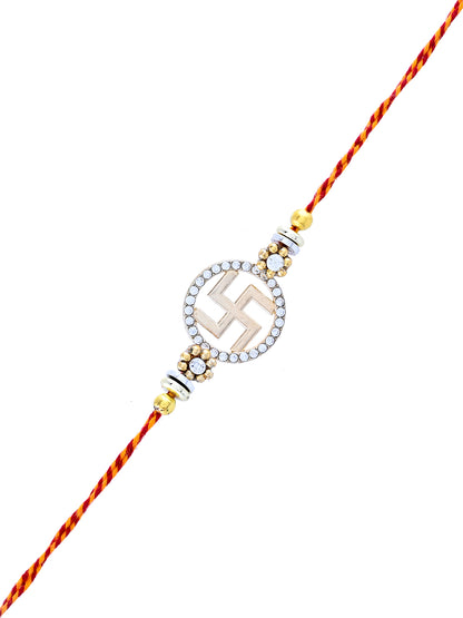 Swastik Rakhi with Stone-Studded Round Design and Sacred Thread