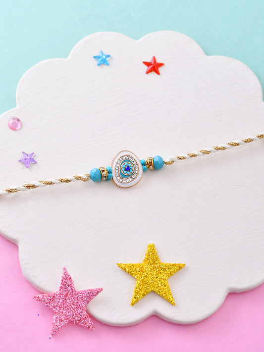 Minimal Evil Eye Chain Rakhi for Kids and Teens in Pastel Blue