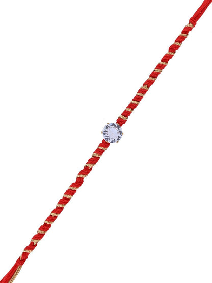 Minimal Solitaire Stone Rakhi on Red-Gold Thread