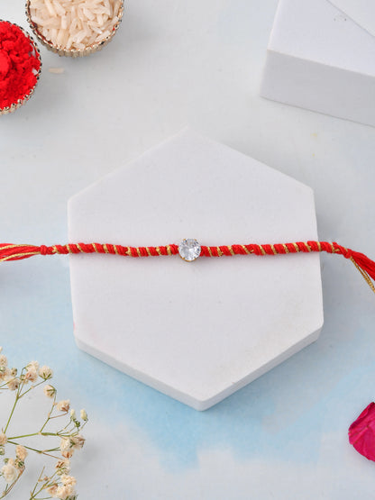 Minimal Solitaire Stone Rakhi on Red-Gold Thread