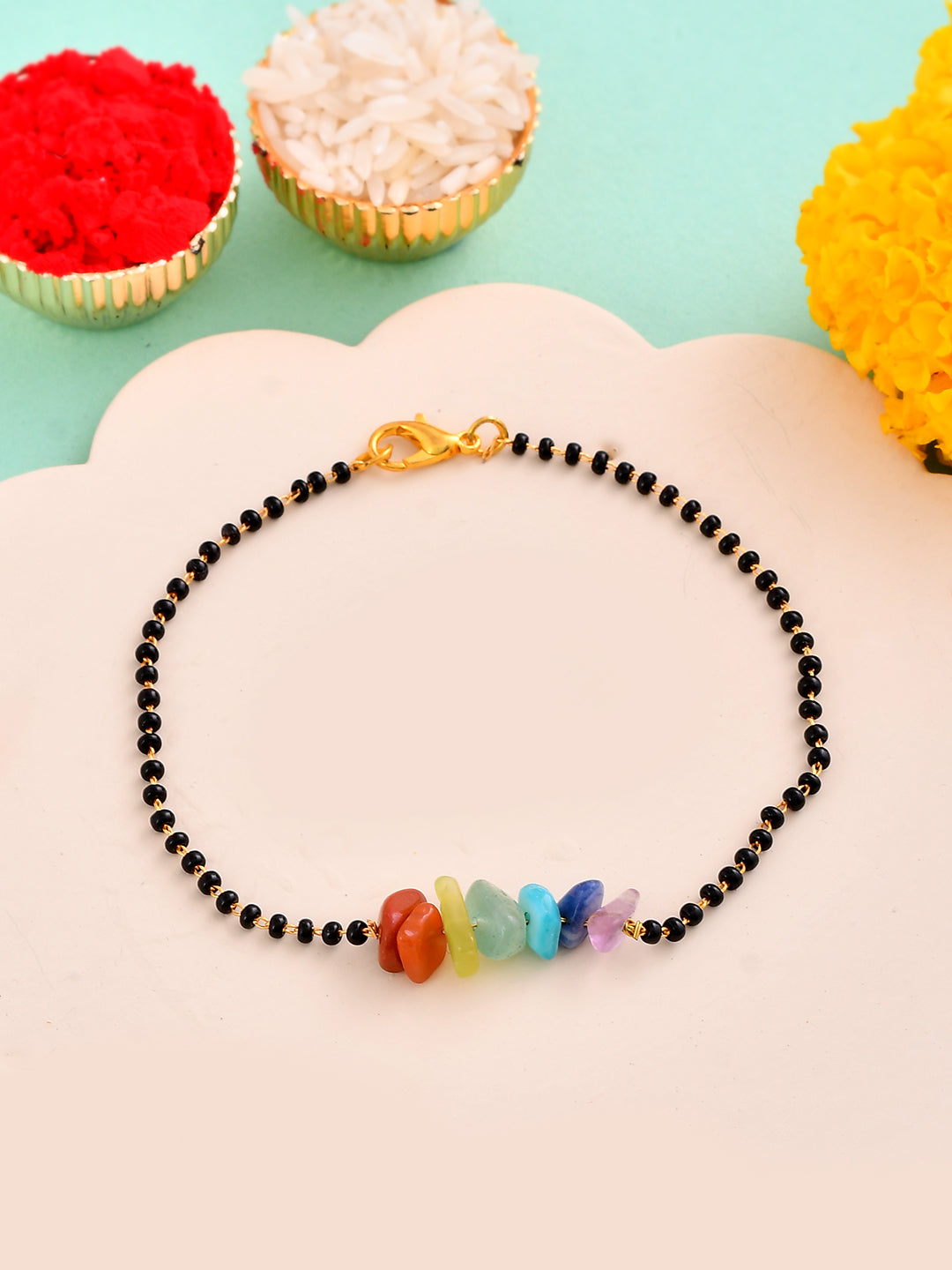 Ethnic Black Beaded Lumba Rakhi with 7 Chakra Healing Stones