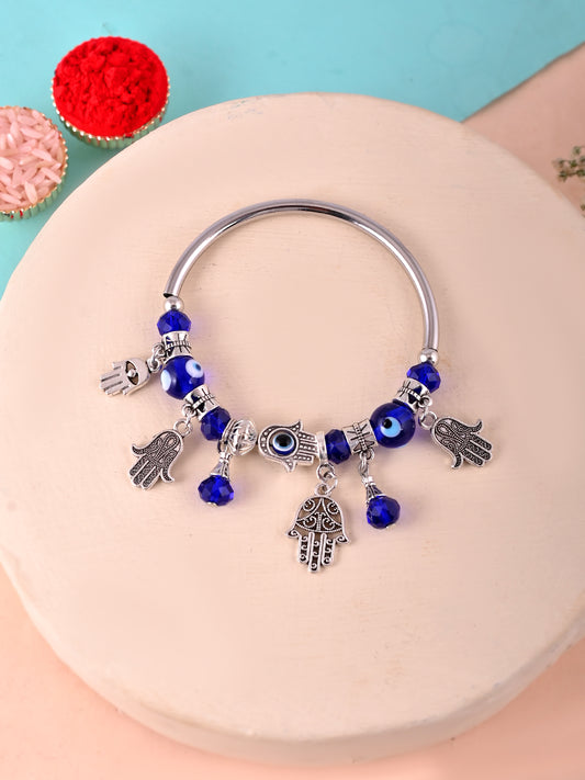 Silver Evil Eye and Hamsa Charm Lumba Rakhi Bracelet for Bhabhi