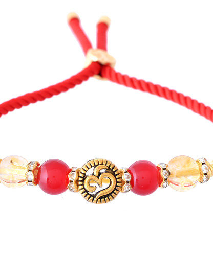 Traditional Red Thread Rakhi with Golden Heart Centerpiece